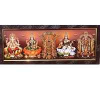7 Hills Store Hindu god and Goddess Photos with Wooden Frame for Pooja - Five god Photos in a Frame for Pooja (46 cm x 16 cm), Multi Color, L