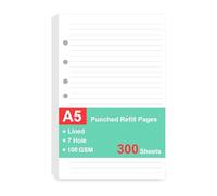 7-Hole Lined Refills Paper, A5 Filler Paper for Planner Inserts, A5 Loose Leaf Paper, 7 Hole Refills, Total 300 Sheets/600 Pages, College Ruled, 5.5 X 8.5 Inch (White Paper, 300 Sheets)