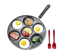 7 Holes Non-Stick Egg Frying Pan, Aluminium Pancake Skillet with Heat Resistant Handle, Stone Coated Breakfast Pan Includes Spatula & Brush, for Fried Eggs, Mini Pancakes, Drop Scones & Omelettes