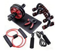 7-in-1 Ab Roller Wheel Workout Set - Home Gym Fitness Kit with Push-Up Bars, Resistance Band, Jump Rope, Hand Gripper & Knee Pad - Core & Full Body Training Equipment for Men & Women (Red)