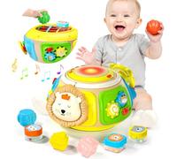 7-in-1 Activity Cube Drum Montessori Toys for Baby, Busy Toys for Toddlers with 9 Sensory Shape Blocks, Music & Light Educational Toys Christmas Birthday Gifts for Kids Boys Girls
