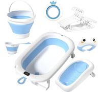 7-in-1 Baby Bath Set, Foldable Bathtub with Temperature Display, Bath Seat, Bucket, 0-8 Years (Blue)