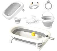 7-in-1 Baby Bath Set, Foldable Bathtub with Temperature Display, Bath Seat, Bucket, 0-8 Years (Grey)