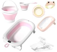 7-in-1 Baby Bath Set, Foldable Bathtub with Temperature Display, Bath Seat, Bucket, 0-8 Years (Pink)