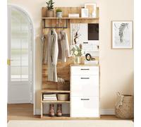 7-In-1 Coat Rack with 2 Shoe Compartments and Semi-open Shelves, High-gloss Cabinet with Mirror, 100L x 38.5W x 190H cm, White+Oak Aosom UK