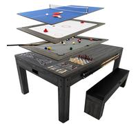 7 in 1 Games & Dining Table Storage Bench 7ft Grey Wood Effect Pool Table Tennis Air Hockey Chess Backgammon Shuffleboard Multi Sports Game Entertainment Home Office Adult Kids Accessories Set