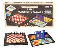 7-in-1 Magnetic Travel Board Games Set, Chess, Draughts, Ludo, Snakes & Ladders, Backgammon, Nine Men's Morris, 4-in-a-Row, for Ages 6+, Black and White
