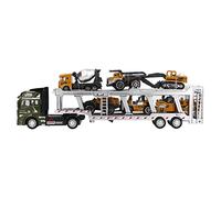 7 in 1 Transport Truck Toy, Carrier Truck Model with Pull Back Function, Alloy Construction Vehicle Set Including 6 Small Engineering Cars for Kids Ages 3+ (Green, with Classic Engineering Car)