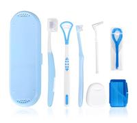7-in-1 Travel Oral Care Kit with Case - Toothbrush, Tongue Scraper, Wisdom Toothbrush, Dental Floss, Floss Threaders, Interdental Brush, Dental Wax, Portable Hygiene Set for Daily Use Travel (Blue)