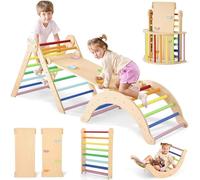 7 in 1 Wood Triangle Set,Foldable Toddler Climbing Toys Indoor, Montessori Climbing Set with Ramp, Arch & Climbing Triangle, Baby Climbing Gym, Indoor Playground for Kids - Rainbow