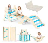 7 in 1 Wooden Climbing Frame with Ramp and Arch, Montessori Climbing Frame with Comfortable Cushions, Natural Solid Wood, Non-Slip, 1-6 Years Old (Basic-blue)