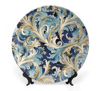 7 in Bone China Decorative Plate Set with Display Stand Porcelain Elegant Blue Gold Florentine Dinner Plates for Wall Hanging Home Office Collections Ceramic Ornaments No Drill Wall Mount Kit Include