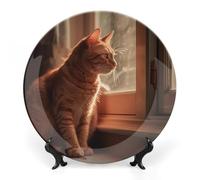 7 in Bone China Decorative Plates for Wall Hanging with Display Stand Chinese Porcelain Cat Sitting on Windowsill Dessert Plate Display Dish Collections Ceramic Ornament Art Craft Home Office Decor
