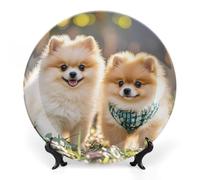 7 in Bone China Decorative Plates for Wall Hanging with Display Stand Chinese Porcelain Pomeranians Puppies Dessert Plate Display Dish Collections Ceramic Ornament Art Craft Home Office Decor