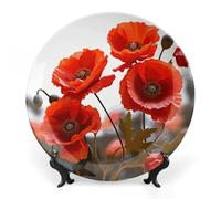 7 in Bone China Decorative Plates for Wall Hanging with Display Stand Chinese Porcelain Poppy Flowers Vivid Petals Dessert Plate Display Dish Collections Ceramic Ornament Art Craft Home Office Decor