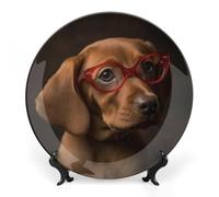 7 in Bone China Decorative Plates for Wall Hanging with Display Stand Chinese Porcelain Puppy Wearing Glasses Dessert Plate Display Dish Collections Ceramic Ornament Art Craft Home Office Decor