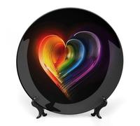 7 in Bone China Decorative Plates for Wall Hanging with Display Stand Chinese Porcelain Rainbow Striped Heart Dessert Plate Display Dish Collections Ceramic Ornament Art Craft Home Office Decor