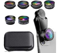 7 in1 Mobile Phone Camera Lens, Mobile Phone Lens Kit, Universal Clip, for iPhone, for Samsung, for Android Smartphone, On Wide Angle+ Macro+ Fish Eye+ Kaleidoscope+ Star Filter+ CPL Lens(Black)