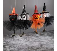 7 inch Halloween Gnomes Plush Decor Set of 4, Handmade Pumpkin Ghost Witch Black Cat Ornament, Swedish Tomte Gnome Elf Dwarf Collectible Figurines for Halloween Day Party Table Decorations