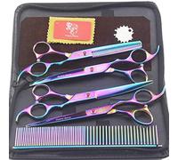 7 inch Japan 440C material double handle Pet hairdressing scissors Hairdressing supplies 4pcs Flat shears Bend scissors Thin scissors Affordable set Send comb (color set)