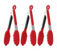 7-Inch Small Kitchen Tongs, Set of 3, Silicone Tiped Serving Tongs for Buffet, Salad, Cooking, Dining (Red, 3PCS)