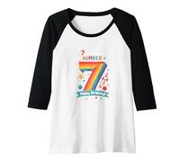 7 is My Lucky Number Happy Birthday Space Adventure Raglan Baseball Tee, Women, Black/White, L
