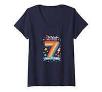 7 is My Lucky Number Happy Birthday Space Adventure V-Neck T-Shirt, Women, Navy, XL