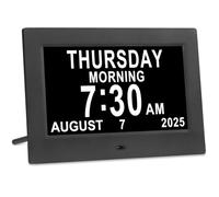 7" Large Dementia Clock. Displays month, day of the week and time. Large-digital alarm clock. 12 alarms. Auto-dimming. Suitable for the elderly.Black
