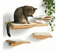 7 LokiLINE Wall Mounted Cat Shelves with Elevated Ceramic Feeding Station - Scandinavian Floating Design, Solid Plywood, Two Climbing Steps with Cotton Mats, Modern Cat Wall Furniture Set 300 ml Bowls