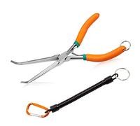 7" Long Reach Needle Nose Pliers with Teeth, Extra Long Nose Mini Precision Wire Looping Pliers with Anti-Loss Lanyard for Narrow Spaces, Needle Remover Pliers(Curved Tips, Curved Handle)