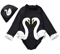 7-Mi Kids Girls Rashguard Long Sleeve Swimsuit UV50+ One Piece Swimwear UPF 50+ Swim Sun Suit Beach Sport Surf W/Swim Cap Black Swan DesignFor 3-4 Years(37-41in)