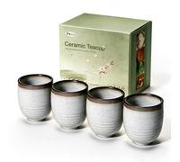 7 oz Japanese Tea Cups 4pcs Small Ceramic Coffee Cup, Handleless Matcha Mug | HQBRO Handcrafted Teacup Set with Good Heat Retention, Patented Design, Microwave Dishwasher Safe, Premium Gift Box,Off White