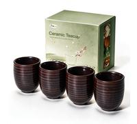 7 oz Japanese Tea Cups 4pcs Small Ceramic Coffee Cup, Handleless Matcha Mug | HQBRO Handcrafted Teacup Set with Good Heat Retention, Patented Design, Microwave Dishwasher Safe, Premium Gift Box, Dark Red