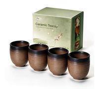7 oz Japanese Tea Cups 4pcs Small Ceramic Coffee Cup, Handleless Matcha Mug | HQBRO Handcrafted Teacup Set with Good Heat Retention, Patented Design, Microwave Dishwasher Safe,Premium Gift Box,Warm Brown
