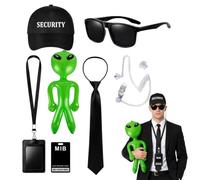 7 Pack Agent Costume Accessories Set, Secret Service Outfit with Sunglasses, Sunglasses, Fake Earpiece, ID Badge, Card Holder, Tie, Hat, Inflatable Green Aliens for Halloween Carnival Party