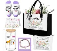 7 Pack Auntie Gifts for Mother's Day, Best Aunt Ever Gifts Ideas for Auntie's Tote Bag, Women Birthday, Greeting Card, 470 ml Coffee Glass, Natural Stone Bracelet with Box, Makeup Bag, Socks