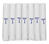 7 Pack Of Mens/Gentlemens White Satin Bordered Handkerchiefs With & Blue Embroidered Initials, T