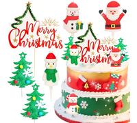 7 Pack Santa Claus Merry Christmas Cake Toppers Snowman Deer Christmas Tree Cake Topper Picks for Merry Christmas Theme Holiday Party Cake Decorations Supplies