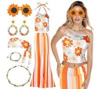 7 Pack Women Bohemian Costume Set for Women, Retro Hippy Kit Top Boho Flared Pants Glasses Necklace Accessories for Women Holiday Party Supplies (XXL)