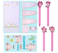 7 Pad Lovely Axolotl Sticky Notes,280 Sheets 7 Design Mutifunctional Self-Adhesive Animal Mexican Walking Fish Shape Sticky Note Pads with 4 Pieces Axolotl Pens,for School Office Party Favors