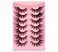 7 Pairs of 3D False Eyelashes, Cat Eye, Fluffy Volume, Curly, Cat-Eye, Artificial Eyelashes, Natural Look, Reusable, Handmade Faux Mink Makeup Eyelashes (7Pink-LD01)