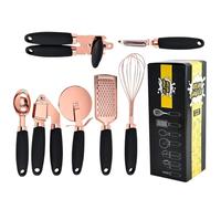 7 Pc Kitchen Gadget Set Copper Coated Stainless Steel Utensils Soft Touch Handles Kitchenware with Peeler Egg Whisk Pizza Cutter Jar Bottle Opener Garlic Press Spoon Grater for Home Bar Restaurant Out