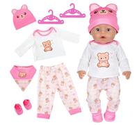 7 Pcs Baby Doll Clothes, Doll Accessories for 14-17 Inch, Pink Bear NewBorn Baby Doll Clothes with Bear Hat Top & Trousers Sock and Hanger for 35-43cm, Sweet Doll Clothe Girls Birthday Gift