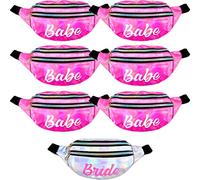 7 Pcs Bachelorette Party Fanny Pack Set Bride and Babe Pack Holographic Belt Laser Waist Bag with Adjustable Belt for Women Wedding Bridal Shower Party Favors
