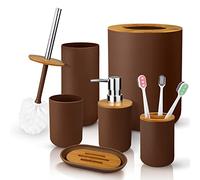 7 Pcs Bamboo and Plastic Bathroom Accessories Sets, Includes Toothbrush Cup, Toothbrush Holder, Soap Dispenser, Soap Dish, Toilet Brush with Holder, Trash Can, with 3 Pcs Toothbrushes (Brown)