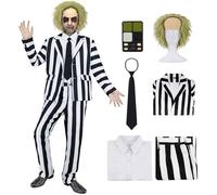 7 Pcs Beetle Movie Juice Costume Male Black and White Striped Suit Men Adult 80s Horror Comedy Character Cosplay Outfit Scary Halloween Costumes with Shirt Tie Wig Makeup Kit DY040M