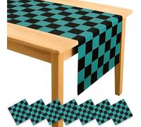 7 Pcs Black and Green Checkered Table Runner - 14x108 Inch Plastic Large Table Cloth - Anime Merch Tanjiro Cosplay Themed Parties and Birthday Decorations - Party on Tap