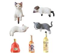 7 Pcs Car Decorations Interior, 3 Realistic Wine Bottle Figurines, 4 Cute Cat Figures, Rearview Mirror Ornaments, Dashboard Decor, Home Desk Accessories, Fun Gift Idea