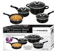 7 Pcs Carbon Steel Black Cookware Set | Non-Stick Saucepan with Glass Lid | Casserole Pot | Home Kitchen Chef Healthy Food Cooker UK Free P&P