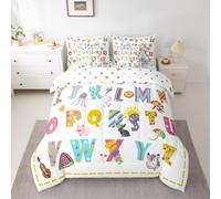 7 Pcs Cartoon Alphabet Kids Comforter Twin,Cute Pig Zebra Lion Duck Animals Girls Boys Bedding Set,Geometric Dots Star Stripe Colorful Chic（Comforter+Fitted+Sheet+2 Pillowcases+2 Throw Pillow Covers）